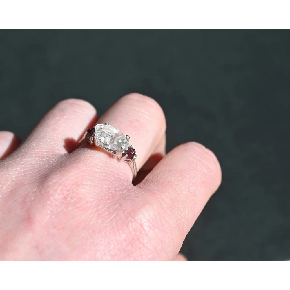 3 Stone Raw Diamond and Garnet Handmade Engagement Ring Rough Natural - Picture 2 of 8
